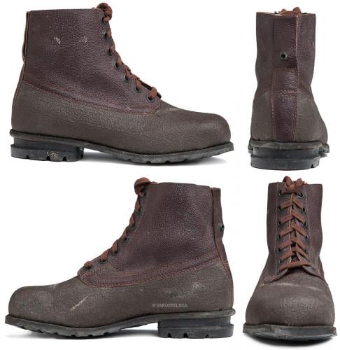 Swedish combat boots, rubber and leather, brown, surplus. Many of the used boots look like this. However the eyelets are usually oxidated. Some boots have seen honest use, but that doesn't really affect their usability. 