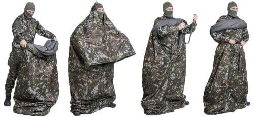 Särmä TST Thermal Cloak. Dive into the bag, push your head out of it's opening, stick your arms out of their opening and tighten a belt around your waist. Old version with gray lining.