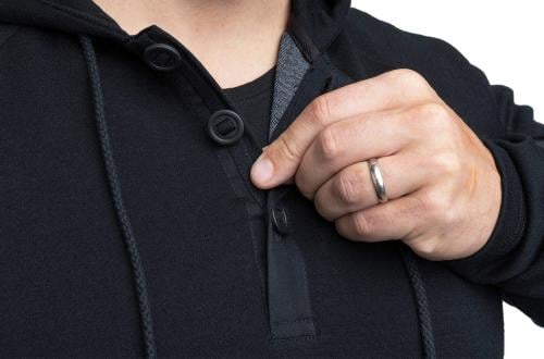 Särmä Merino Wool Hoodie with Buttons. Three Canada-style buttons on the collar