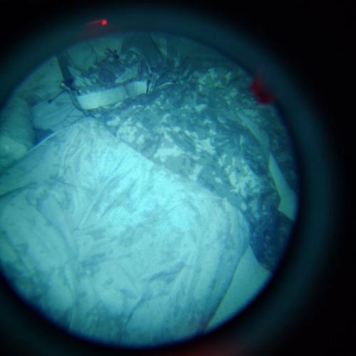 Carinthia Finnish M05 Sleeping Bag, M05 Woodland Camo. Our in-house test: The product looks like this through NVGs and IR illuminated from a close distance - NIR-compliant Särmä TST Field Pants on top as a comparison.