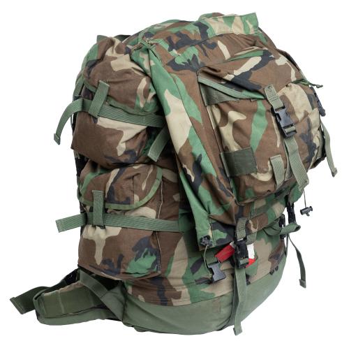 US CFP-90 rucksack with day pack, Woodland, surplus. Smaller day pack on top of the larger CFP-90 pack