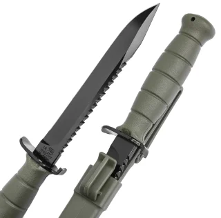 Das Messer und die Hülle sind beidhändig nutzbar: Die Hülle ist symmetrisch und beide Seiten des Messers haben eine Verriegelungsmulde.
