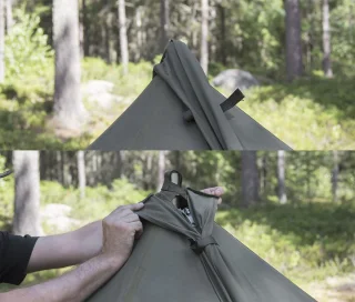 The tip of the tent can be covered with a canvas cover when the tent is pitched using a standard center pole.