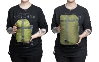 Die kleinere Tasche hat ein Volumen von ca. 7 Litern, die mittlere ungefähr 19 Liter.