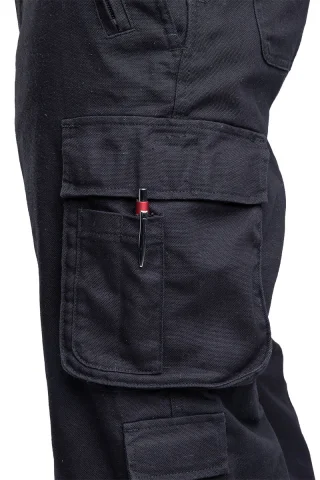 On top of the left cargo pocket, there are two small pockets, e.g. for pencils.