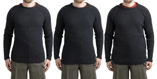 Das Modell auf dem Bild ist 175 cm (5’9”) groß, mit einem Brustumfang von 98 cm (38,6”) und einer Taille von 86 cm (33,9”). Er trägt links die Größe S, in der Mitte M und rechts L.