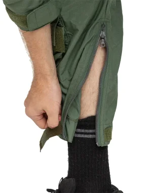 Zippered pant leg cuffs.