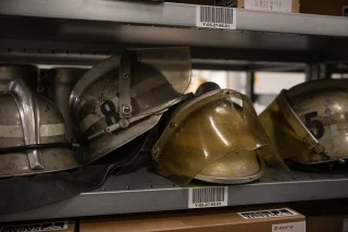 Some helmets have damaged visors.