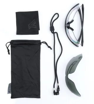 Included: Case, pouch, lens cloth, lanyard, one frame w/ nosepiece, and two lenses.