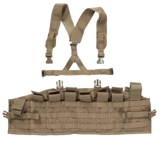 Six magazine pouches and two pouches for a radio, GPS, etc., or more mags on the front.