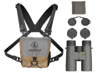 Im Lieferumfang enthalten: Leupold BX-1 McKenzie HD 8x42 Fernglas, GO Afield™ Fernglasgurt mit Tragetasche, Linsenabdeckungen und Linsenputztuch.