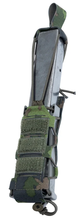 The mag can be secured with the adjustable flap or elastic cord with Tri-Tab. The pouch also works fine without either.