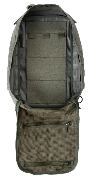 Loop base for special pouches and attachment loops for anything (e.g. hydration bladder). Mesh pockets for small items.
