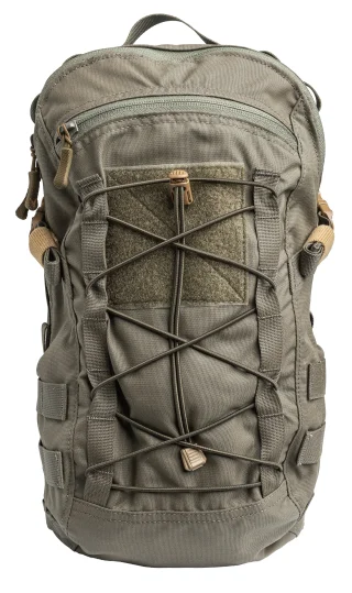 The pack has a hook-and-loop slot for flags and other patches, plus elastic cordage for attaching lighter items.