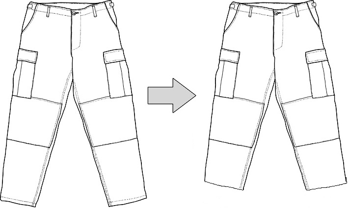 Tailoring, trouser leg shortening Tailoring, trouser leg shortening