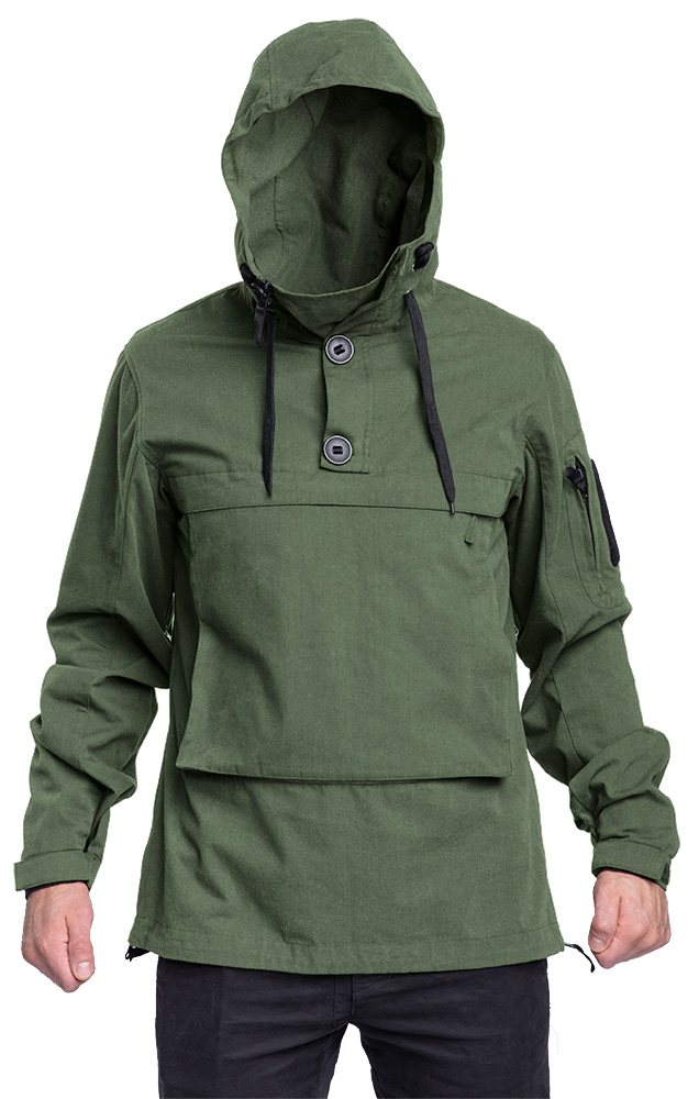 A green anorak style jacket with a large hood and a large front pocket.