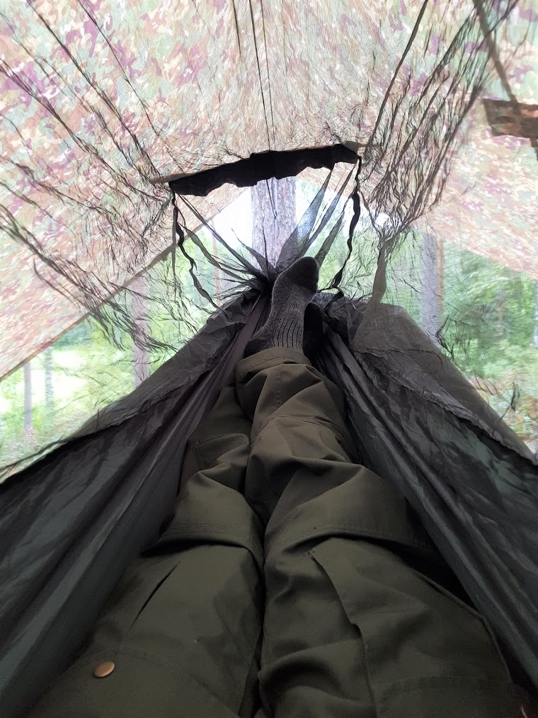Legs inside a hammock.