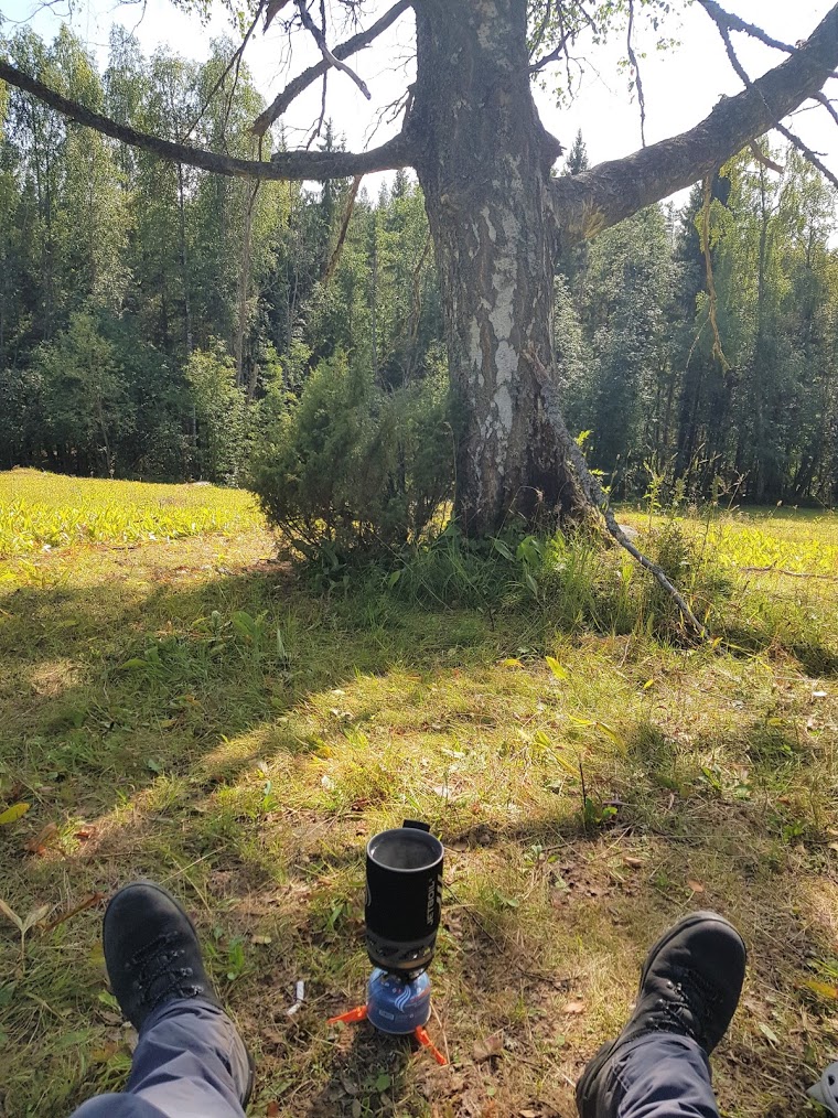  Feet and a gas burner with a kettle on a grass field with a big tree in the middle.