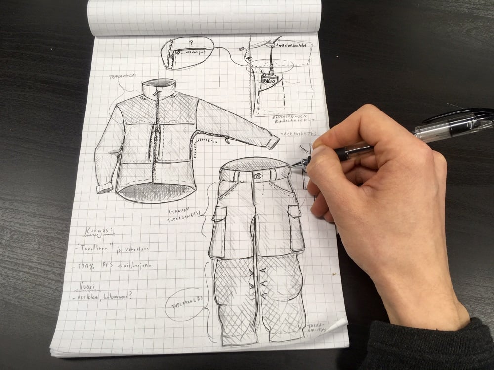 A scetch of a jacket and pants in a pad with details marked on the paper.