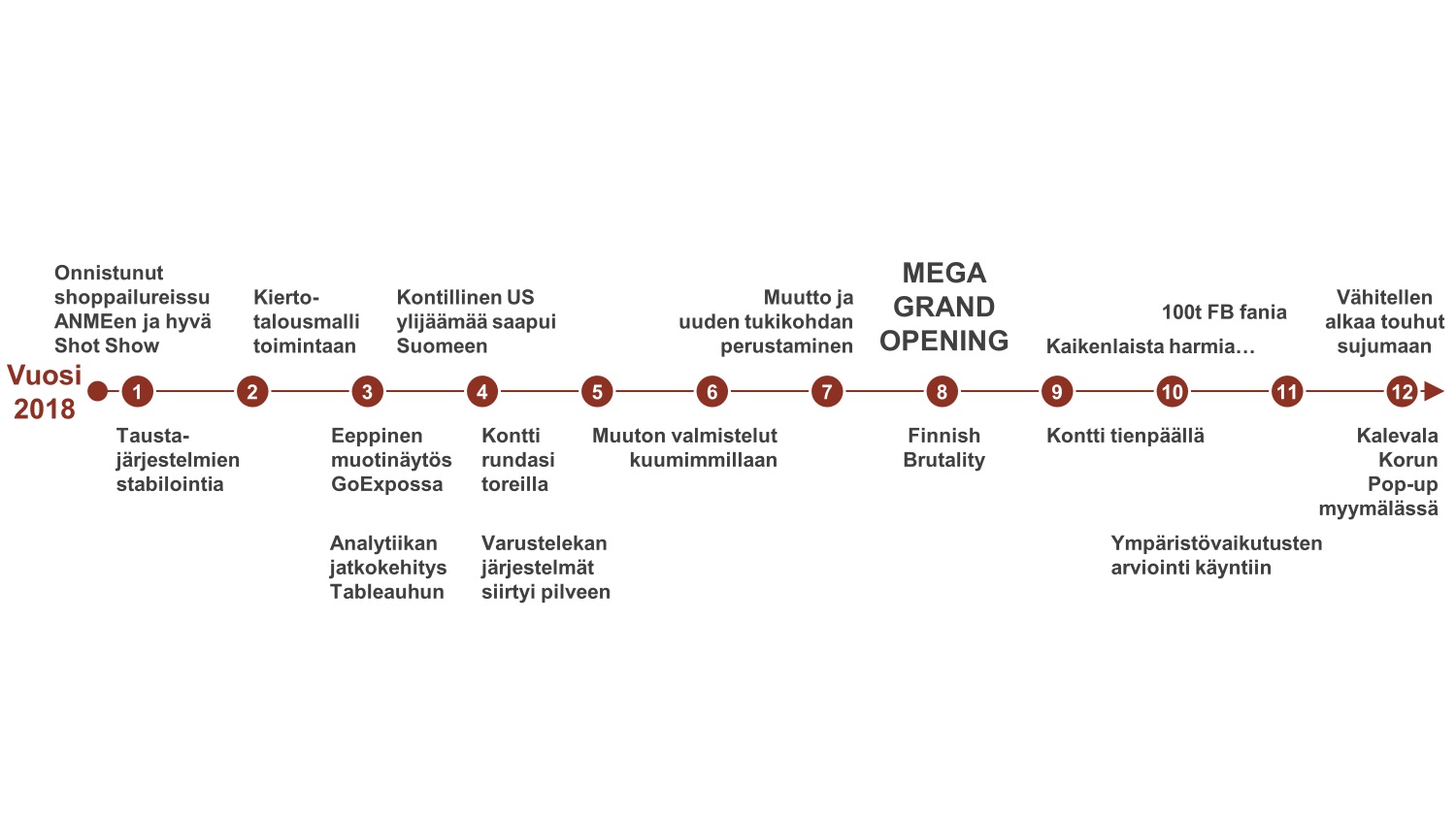 Aikajana vuodesta 2018, jolla merkittynä punaisin palloin ja numeroin 12 tapahtumaa, joista teksti kertoo.