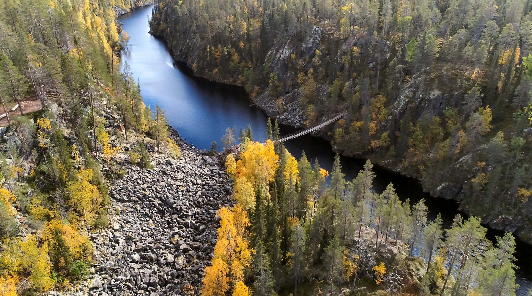Ilmakuva kanjonissa juoksevasta joesta ja sen ylittävästä riippusillasta.