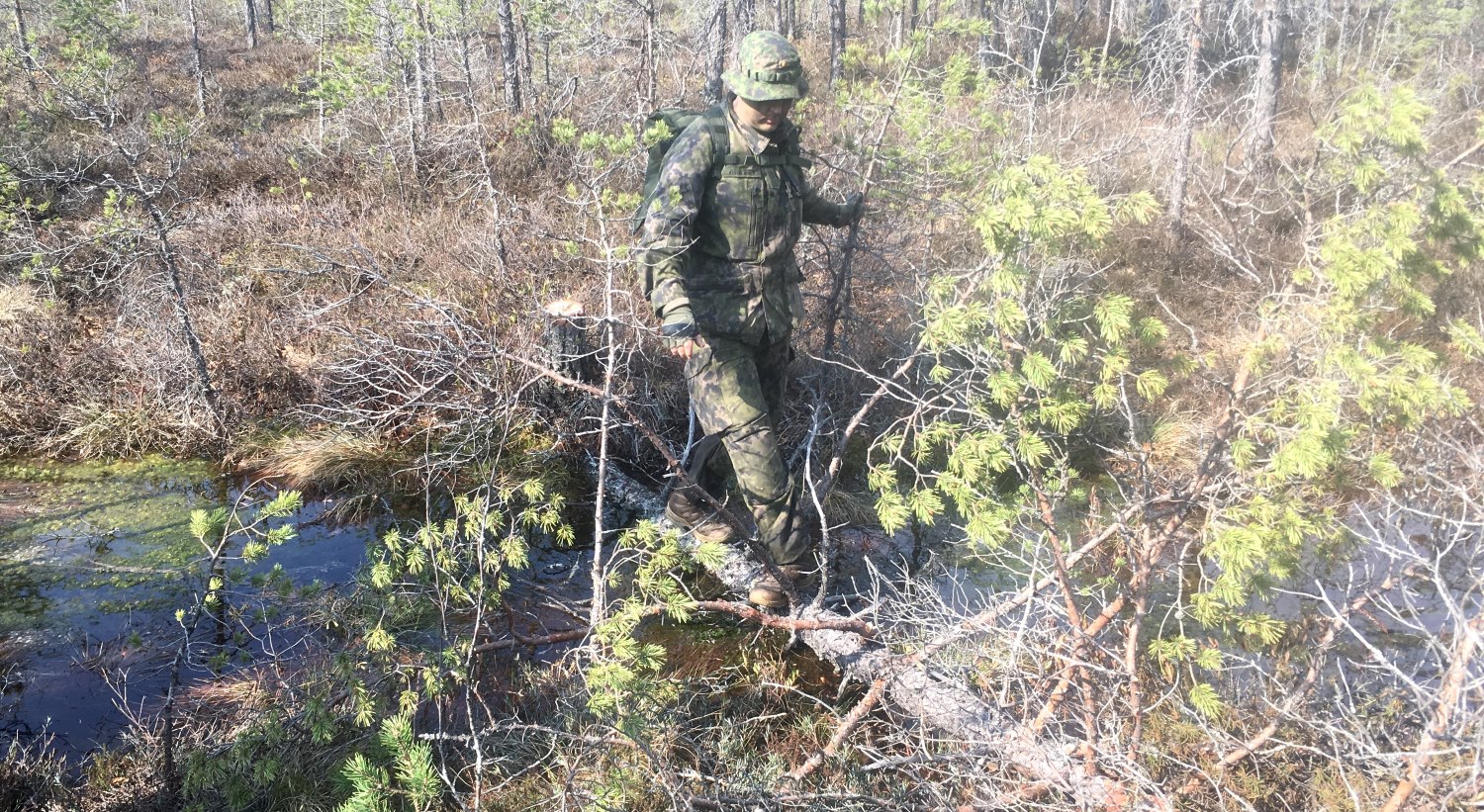 Person in camouflage clothing crossing a stream along a fallen tree.