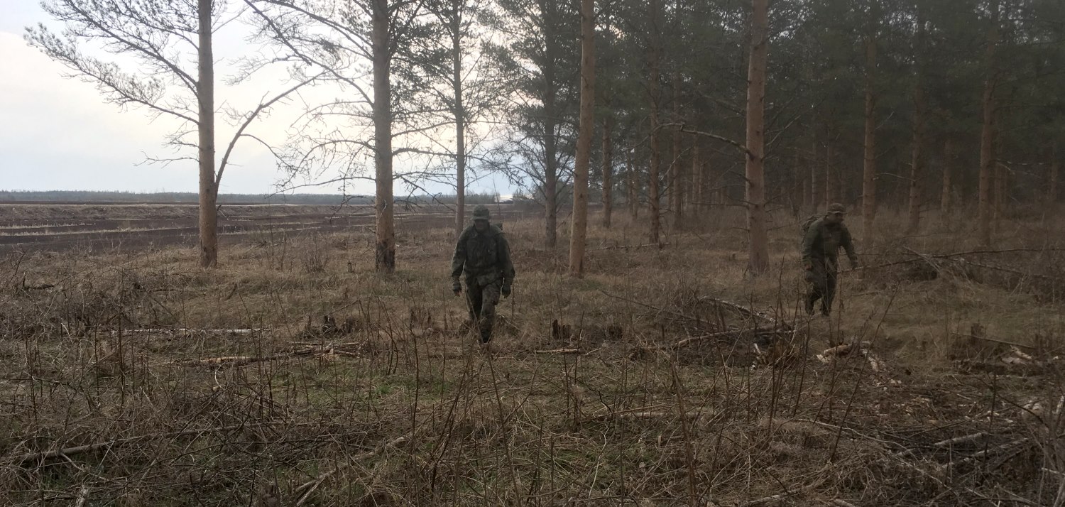 Two soldiers at the edge of a forest next to a field.