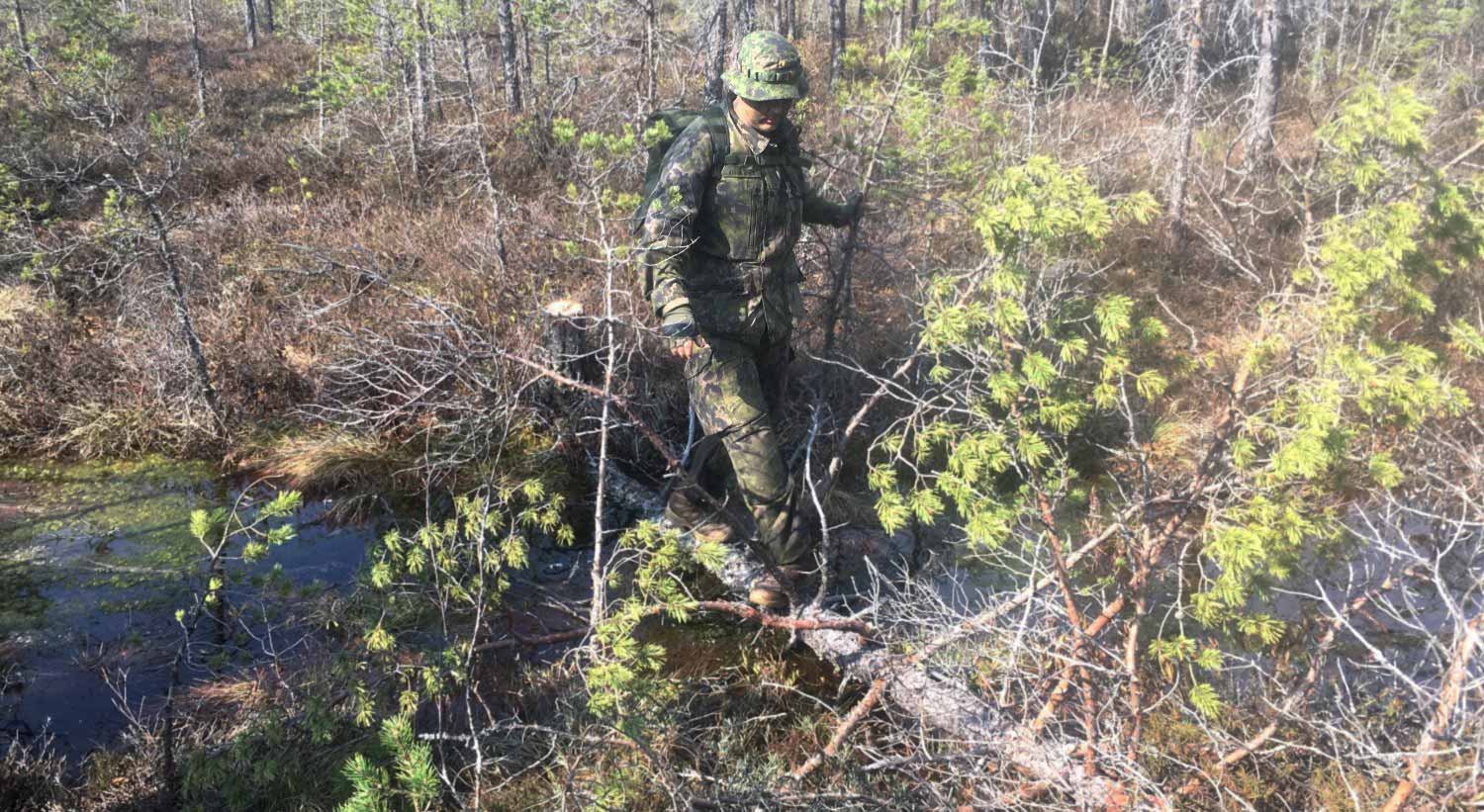 Soldier crossing a stream using a tree trunk