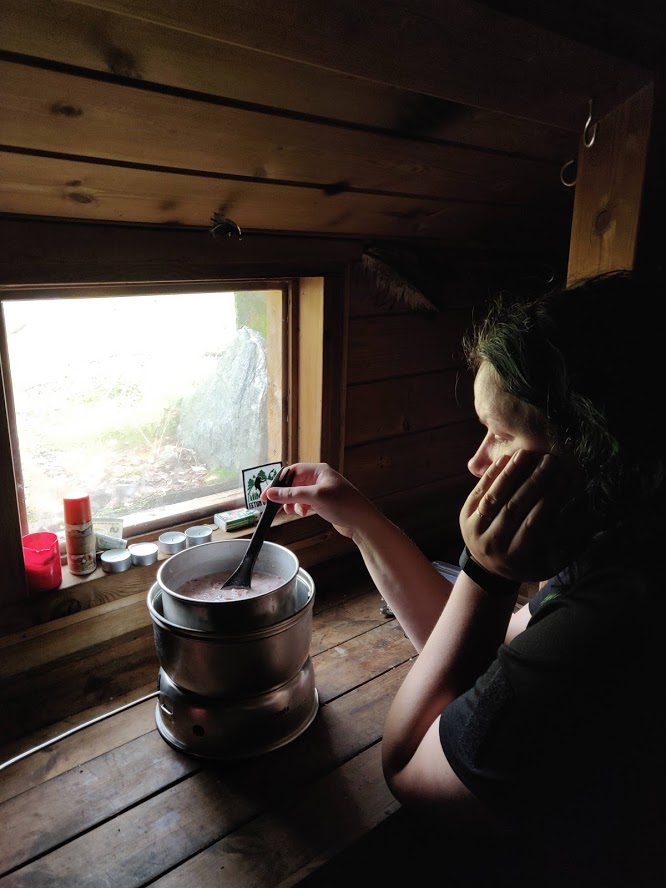 Inside the peat hut sheltering from the rain