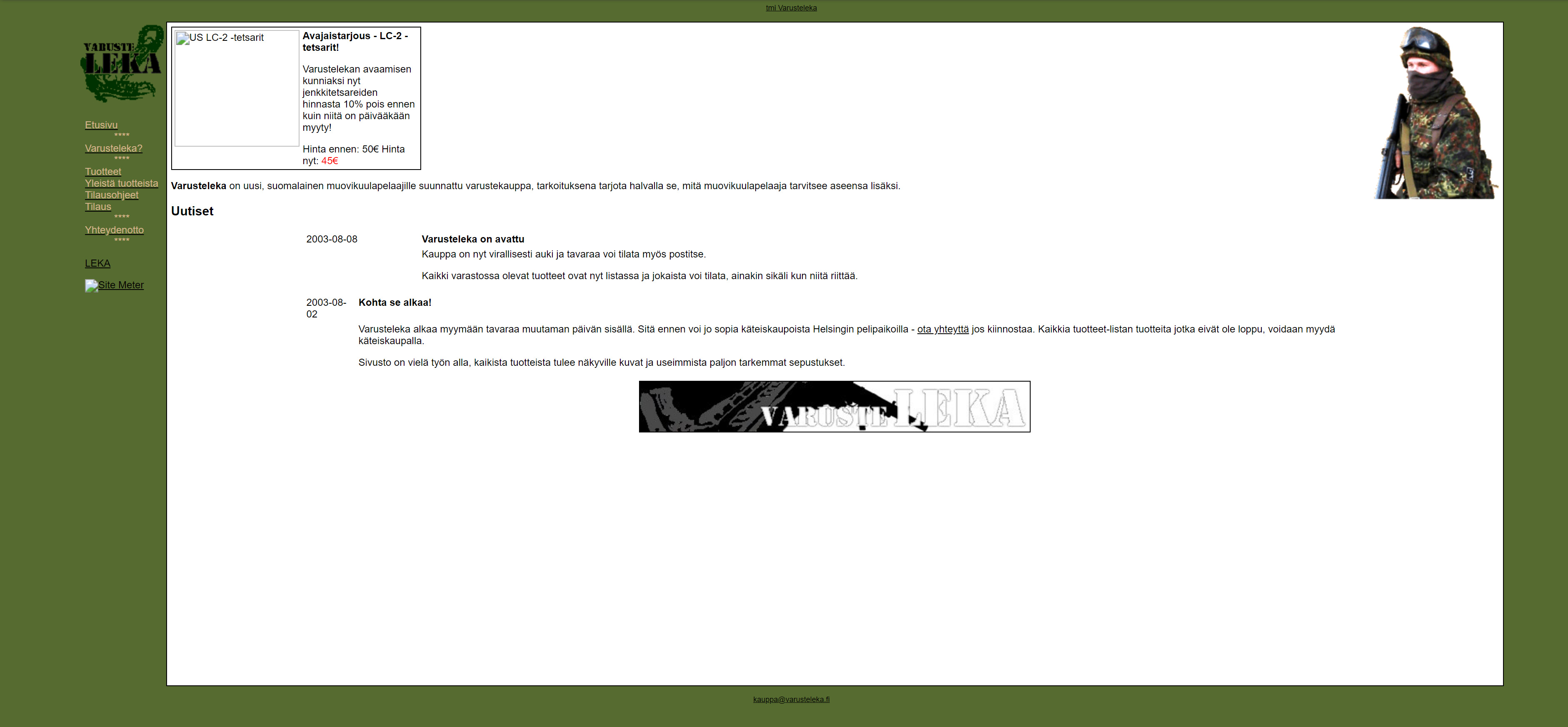 Varusteleka's website in 2003