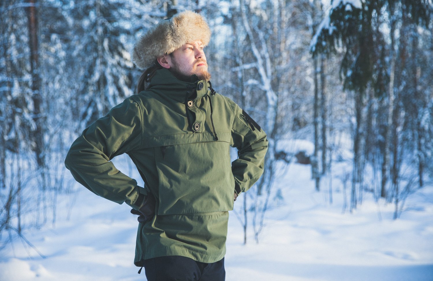 A man wearing a fur hat and warm winter clothes.