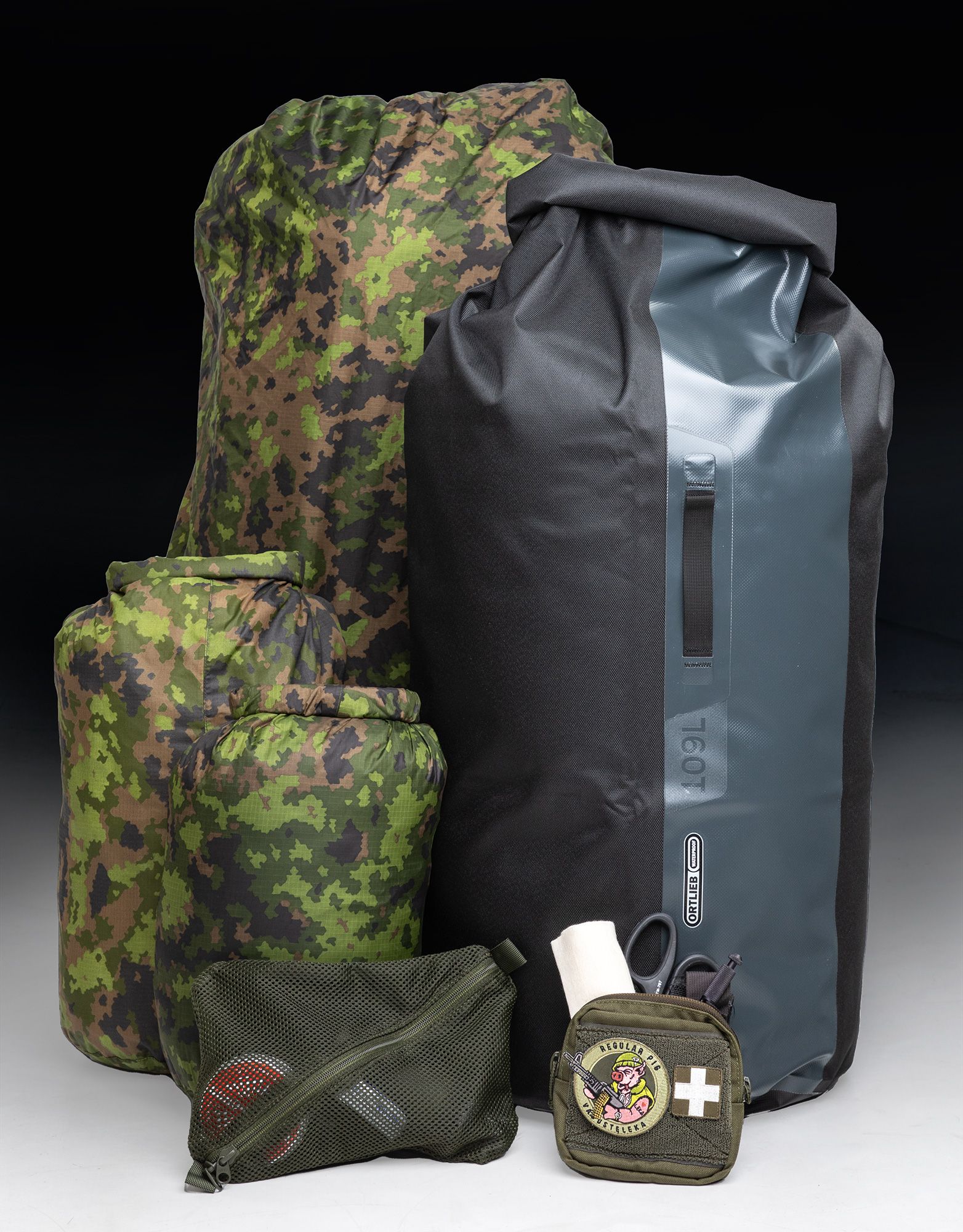 An assortment of dry bags and pack sacks