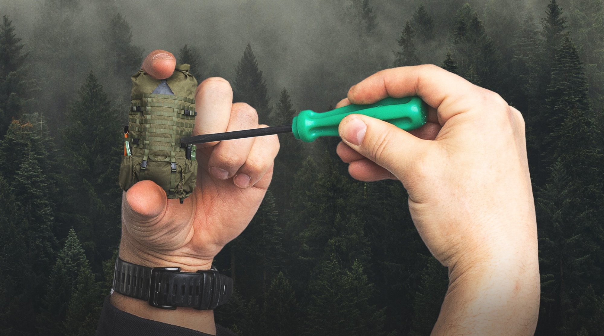 A miniature rucksack is being adjusted with a screwdriver