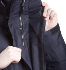 British Gore-Tex foul weather jacket, dark blue, surplus. The zipper is well hidden beneath a storm flap system.