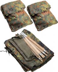 BW two-man tent, Flecktarn, surplus. The poles and pegs may be aluminum, these are not sorted.