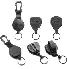 Key-Bak Super48 Key Reel. From left to right: carabiner, belt clip, fixed belt loop.