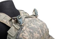 US MOLLE II Assault Pack, Surplus. Carrying handle and accessory straps for small rolls on the top.
