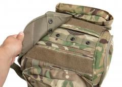British Osprey Gas Mask Pouch / Field Pack, MTP, Surplus. The main compartment is covered by a flap with a hook and loop and snap fastener closure.