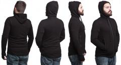 Särmä Merino Wool Hoodie. The hood fits form enough not to drape over the face.