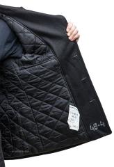 Russian navy wool coat, black, surplus. Filled with polyester batting, the liner is quite warm!