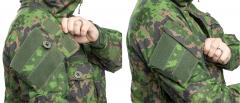 Särmä TST L4 Recon Smock. Upper arm pockets with button and hook-and-loop. For silent closure you can cover the hook or loop and use just the button. For super quick access you can use only the hook-and-loop and leave the button undone.