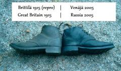 Russian navy shoes, with rubber soles, surplus. The Great War model British boots are only slightly more comfortable!