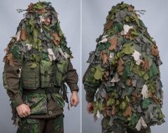 Snigel Ghillie Cloak 14. The cloak fits over a medium sized backpack and does not interfere with combat vest pouches.