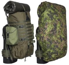 Särmä TST Backpack cover. 110L over a Särmä TST RP80 recon pack with side pouches and sleeping mat on top.