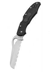 Spyderco Byrd Cara Cara 2 Rescue. This knife comes with a hollow-ground, fully-serrated sheepsfoot blade and a blunt tip. The blade provides improved cutting performance while preventing accidental punctures. 
