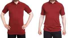 Särmä Polo Shirt, Merino Wool. Here's a 175 cm tall boy with a 96 cm chest, shirt size is Medium. On the left the hem is stretched out to full length, on the right it hangs naturally.