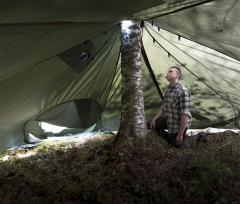 Savotta Hawu 8 tent components. Hawu-8 pitched around a tree.