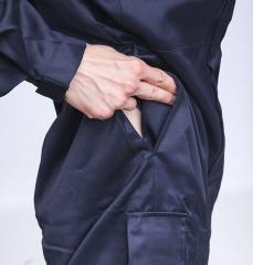 British Coverall, Flame Retardant, Navy, Surplus. Access/ventilation holes behind regular front pockets.