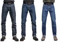 Särmä Raw Denim jeans. These have been used for six months before the first wash. Note how especially the length has shrunk. Last one on the right is about 3 months more wear and one wash.