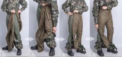 Särmä TST L3 Loft Pants. 1) Pull down your camou pants and place the L3 Loft Pants with side zippers opened in place. 2) Close the first side zipper from top to bottom. 3, 4) Close the other side zipper from top to bottom.